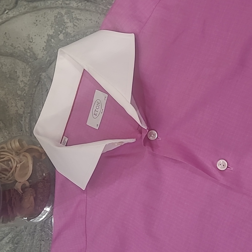 Eton Mens Slim Semi-Twill Contrast Collar Pink Dress Shirt Like New 15 3/4 - Picture 3 of 12